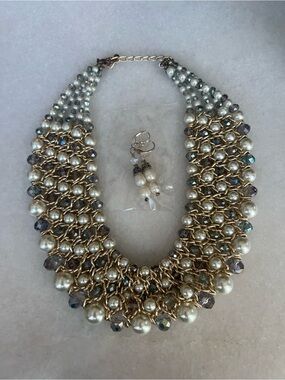 Pearl & Crystal Statement Necklace with Matching Earrings - costume